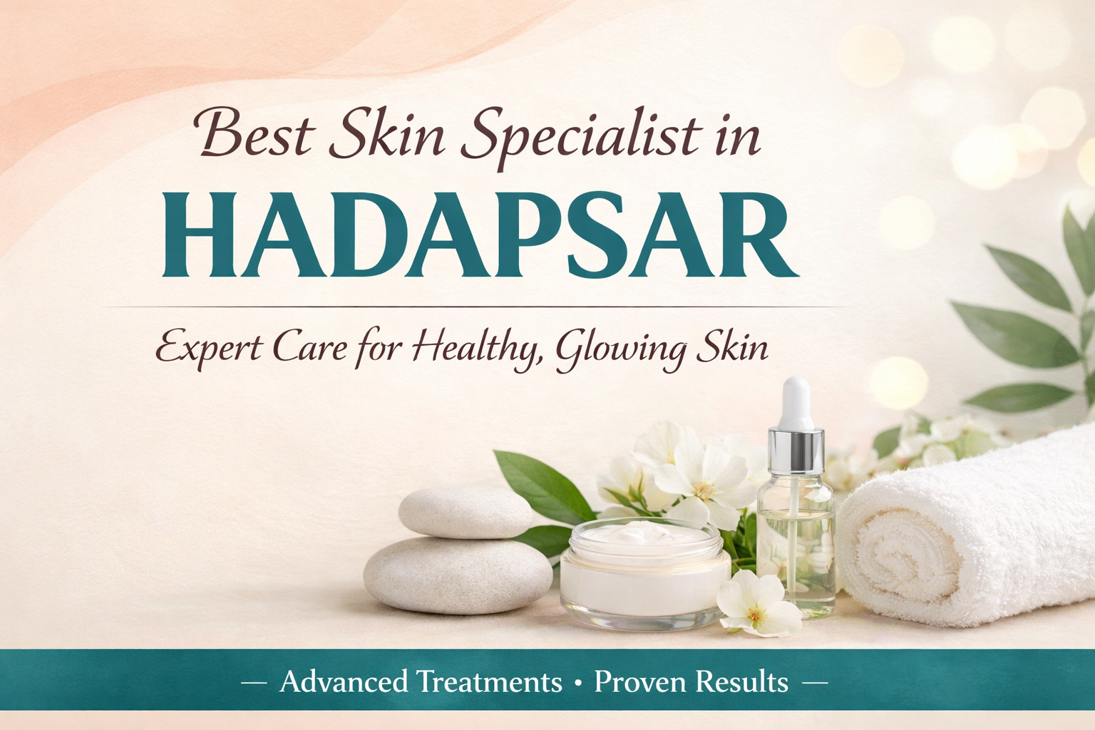 Best Skin Specialist in Hadapsar promotional image with skincare products, flowers, towels and elegant aesthetic background.