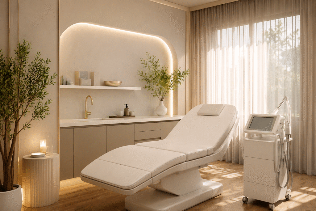 Modern aesthetic dermatology clinic interior with luxury skincare treatment setup in Hadapsar