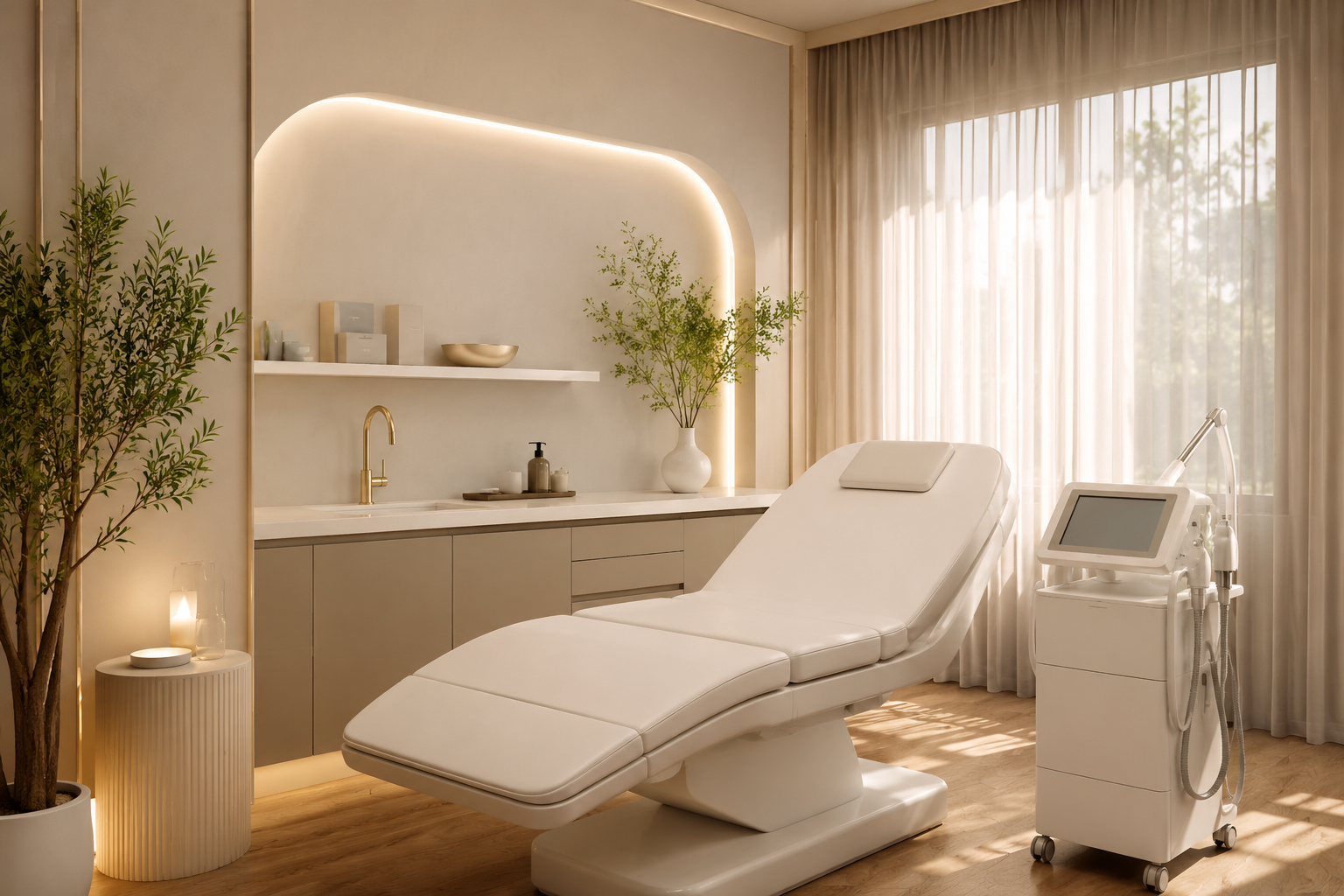 Modern aesthetic dermatology clinic interior with luxury skincare treatment setup in Hadapsar