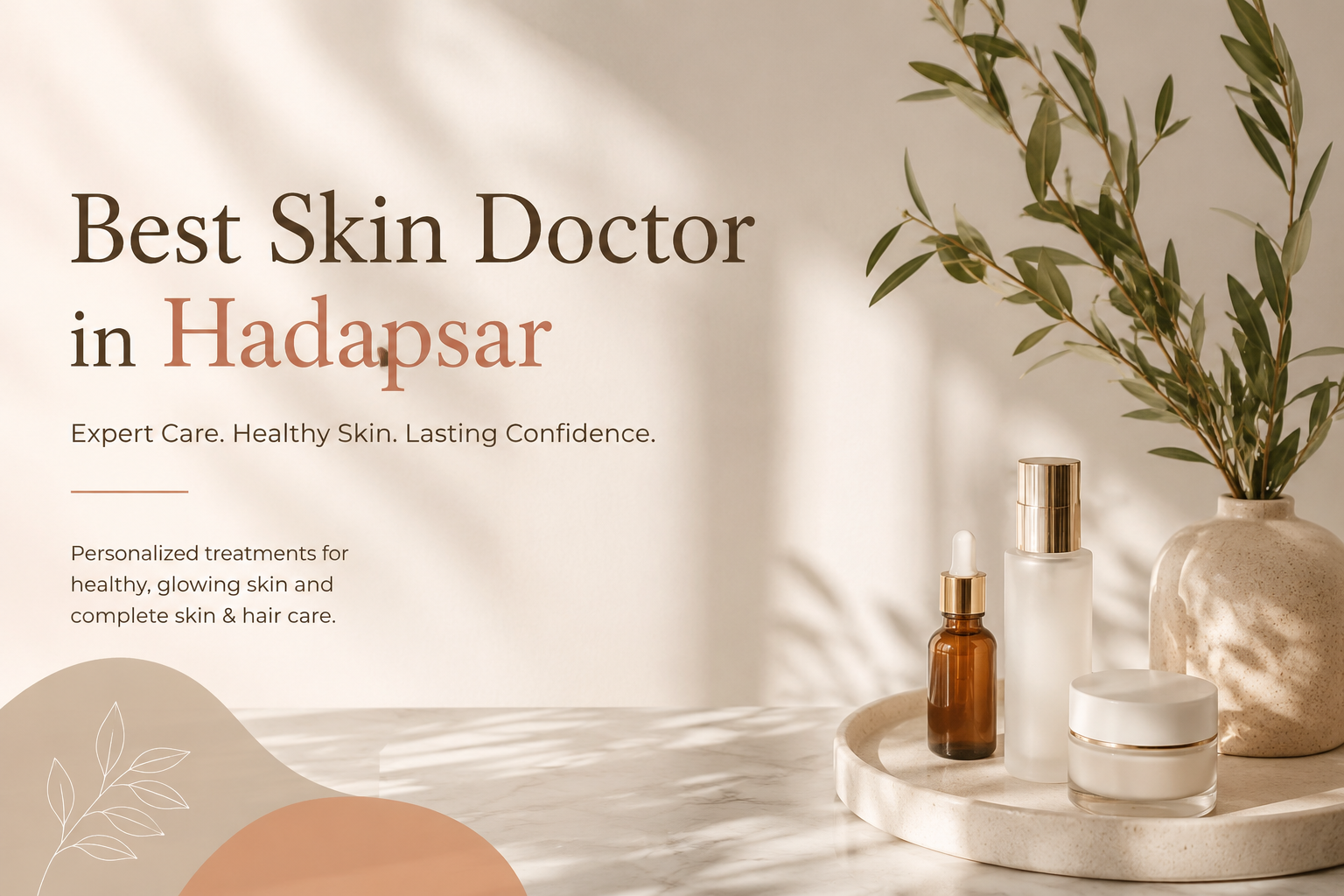 Aesthetic skincare-themed image featuring elegant skincare products, soft natural lighting, and minimal beige décor representing advanced skin care in Hadapsar.