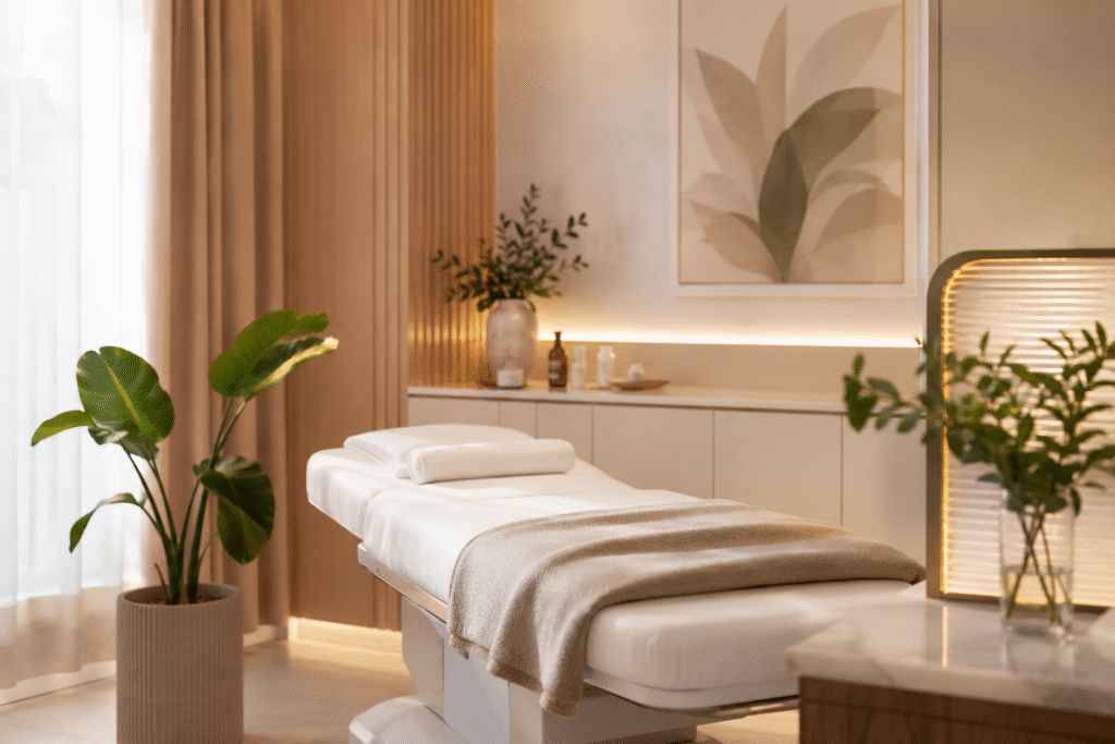 Modern aesthetic skin treatment room for mole removal treatment in Hadapsar with calming interiors and soft lighting.