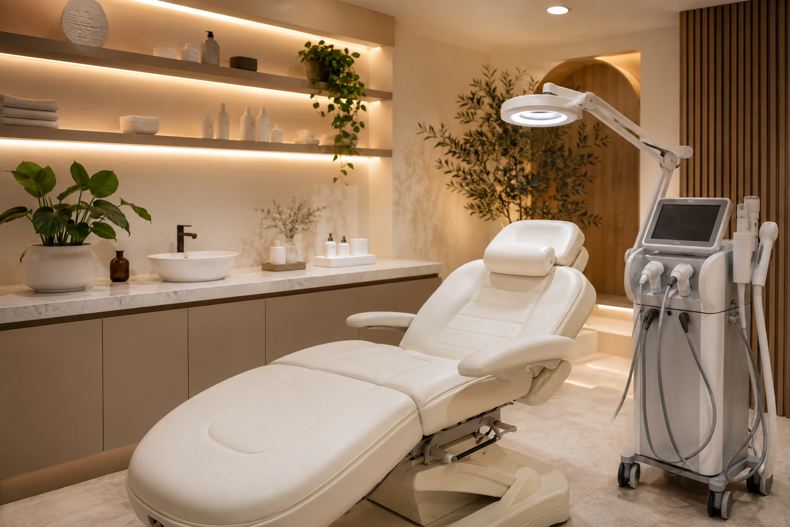 Modern skin clinic treatment room showcasing advanced aesthetic skincare technology in Magarpatta