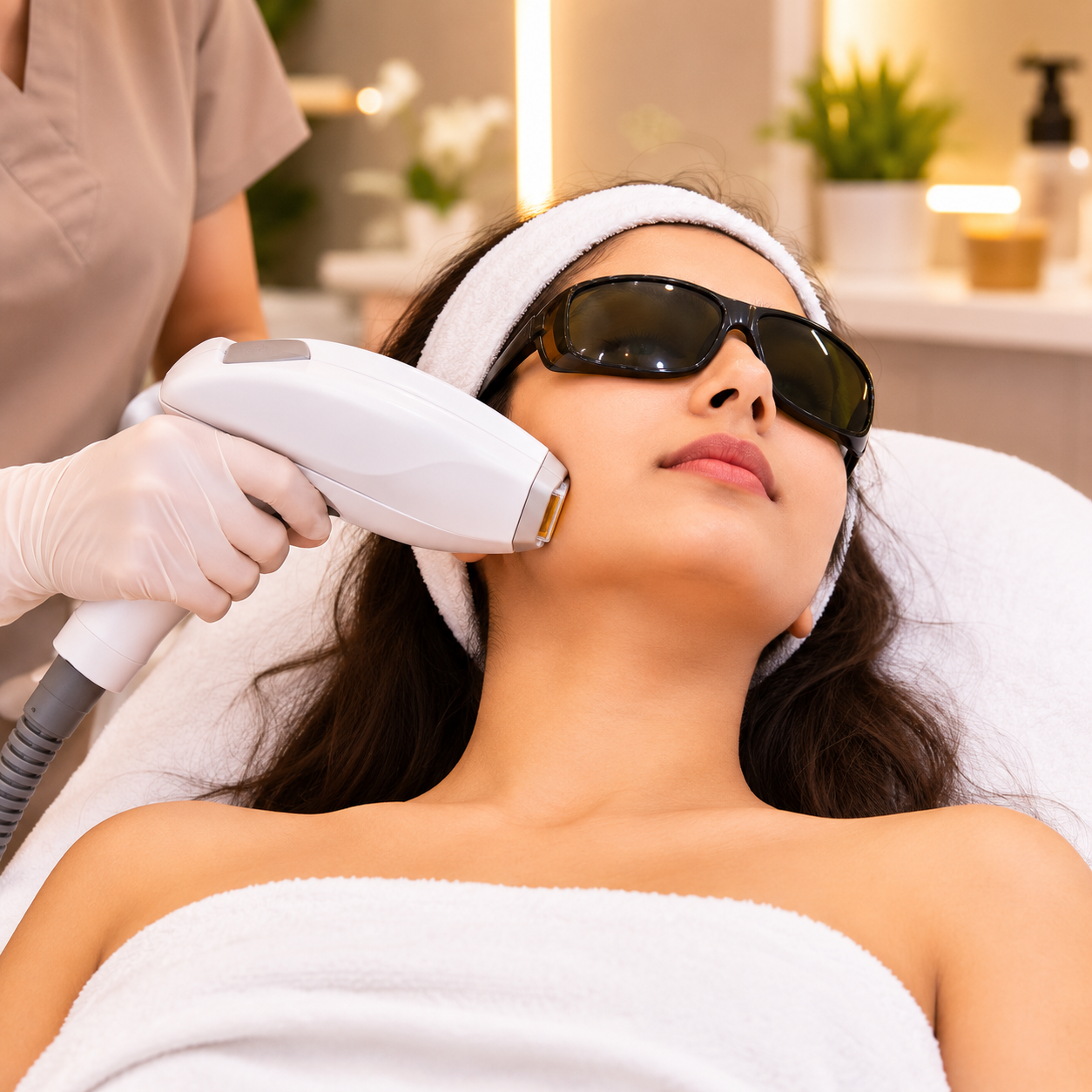 Aesthetic laser full face hair removal treatment in a modern skincare clinic with a clean, calming environment and advanced technology.